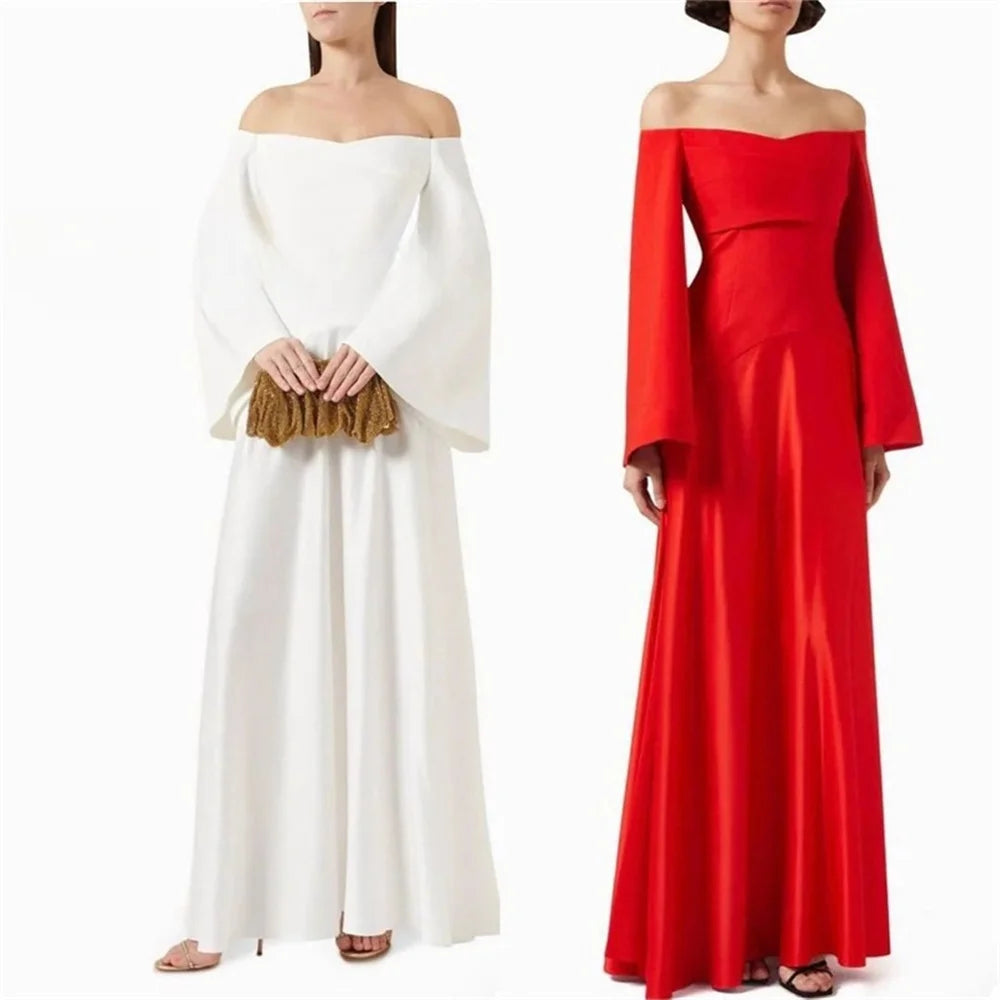 Muslim Taffeta Prom Dresses Modest A-line Long Sleeves Off the Shoulder Formal Evening Dress