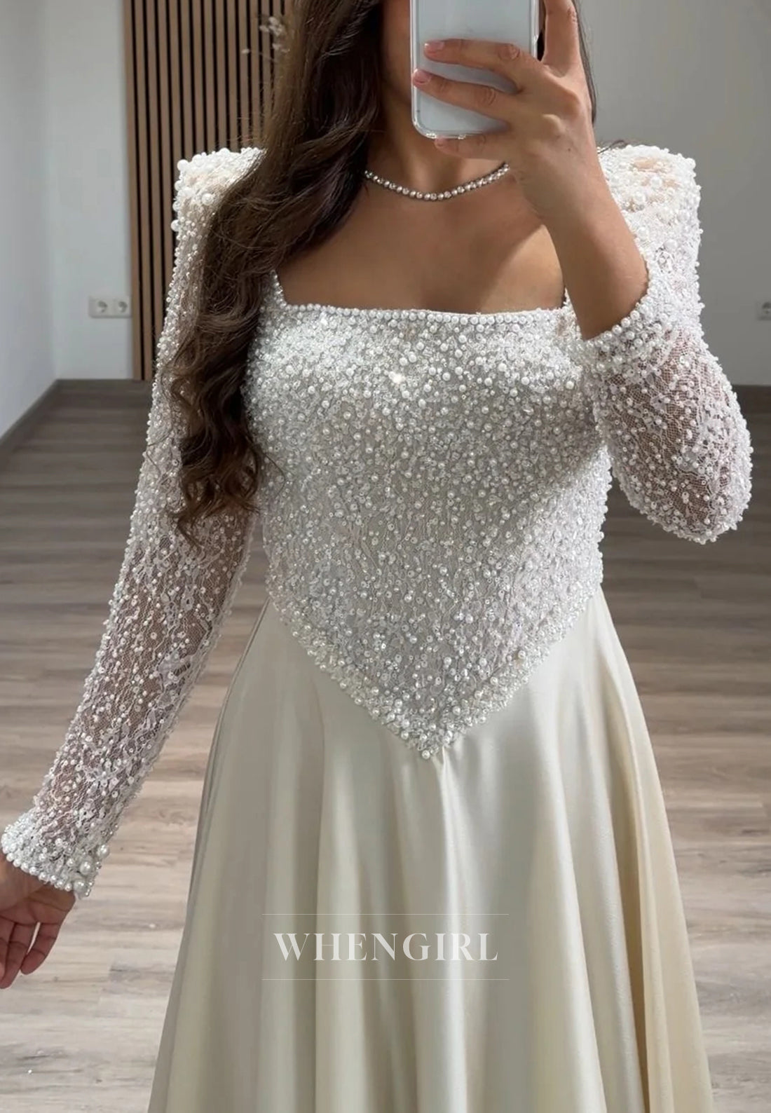 A-Line Beaded Square Neck Long Sleeves Long Formal Evening Dress