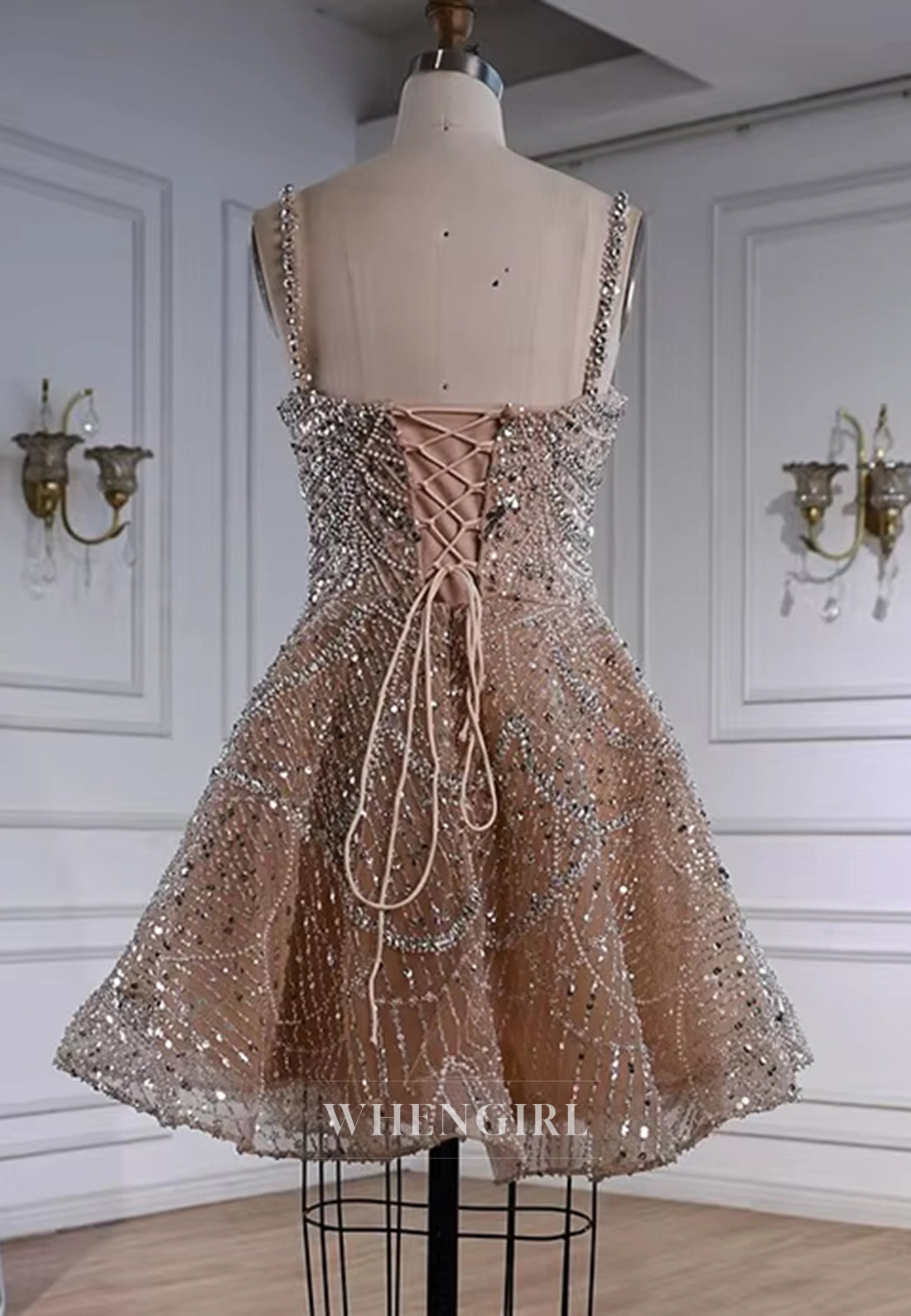 A-Line Full Rhinestone Beading Square Neck Sleeveless Lace Up Short Homecoming Dress