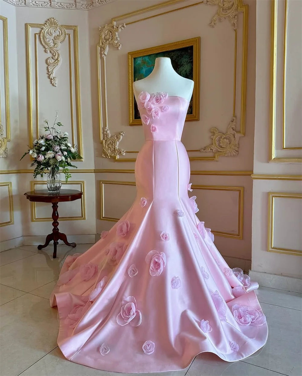 Strapless 3D Flowers Prom Dress Princess Mermaid Floor-length Sleeveless Formal Evening