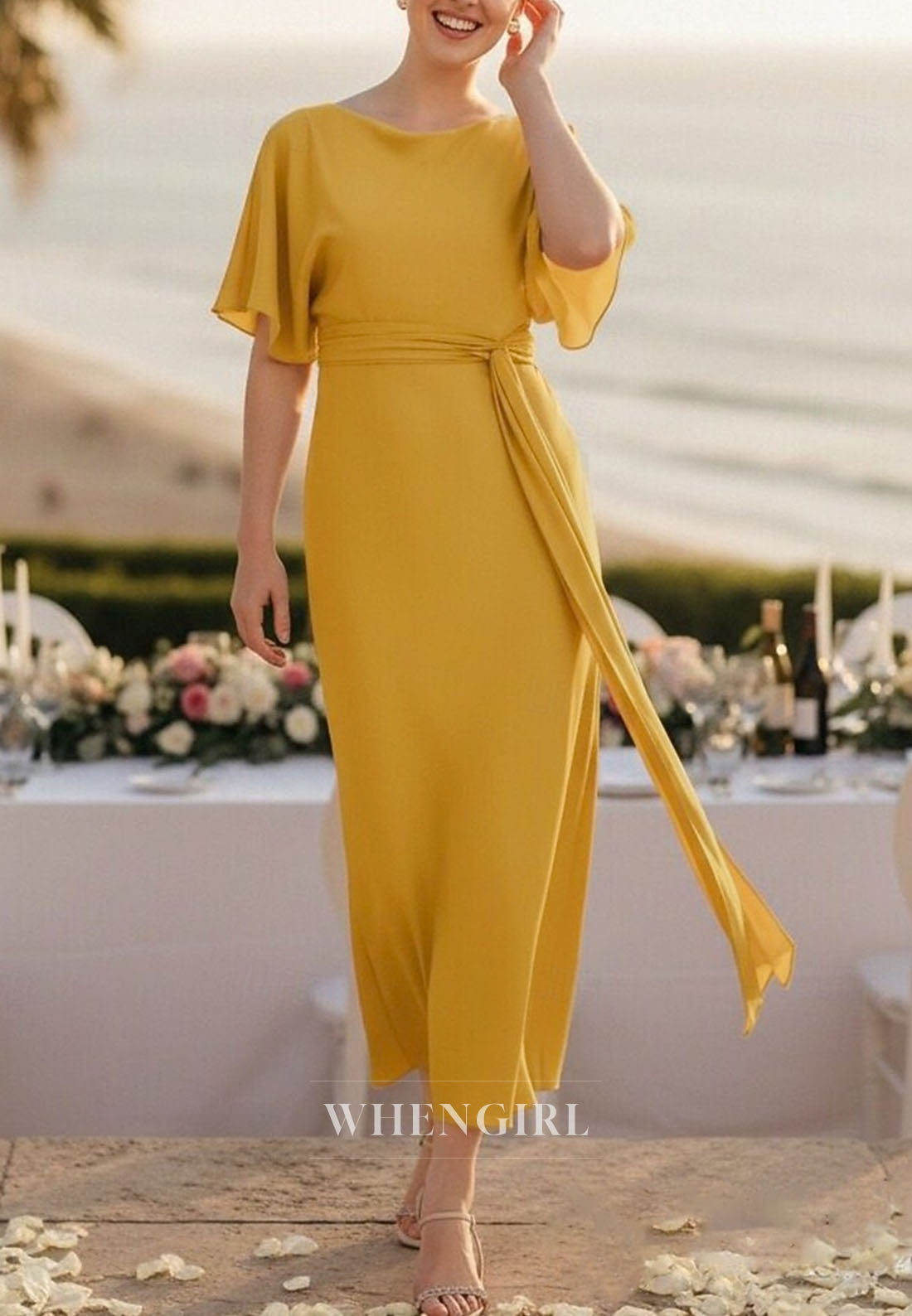 Yellow Bateau Neck Short Sleeves Chiffon Mother of the Bride Dress