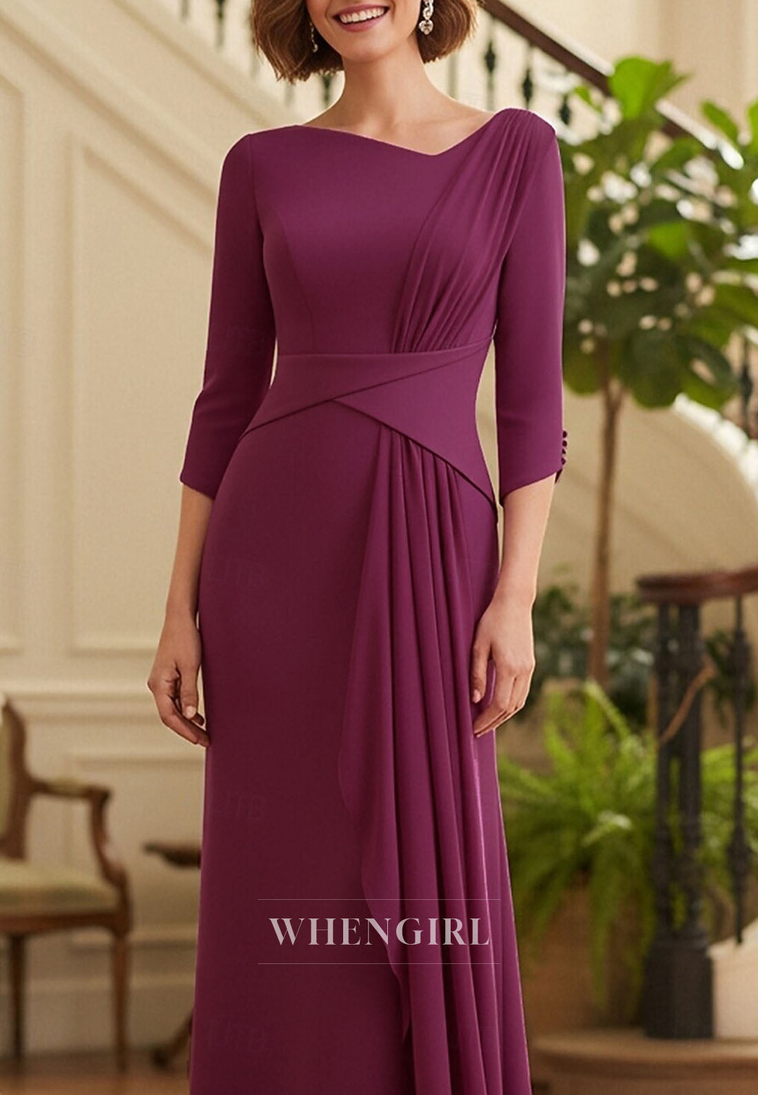 Grape Asymmetrical Neck 3/4 Sleeves Sheath Mother of the Bride Dress