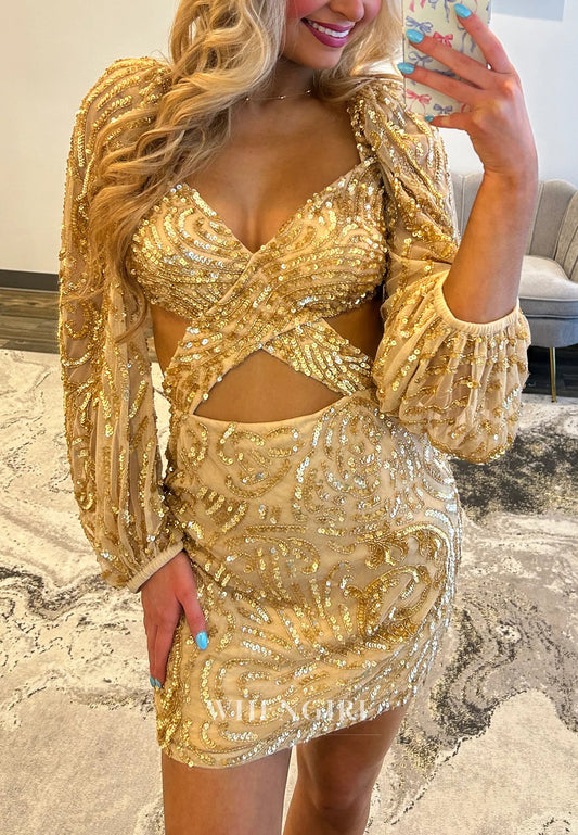 Gold Long Sleeves V Neck Sequins Beading Cut Out Sheath Short Homecoming Dress