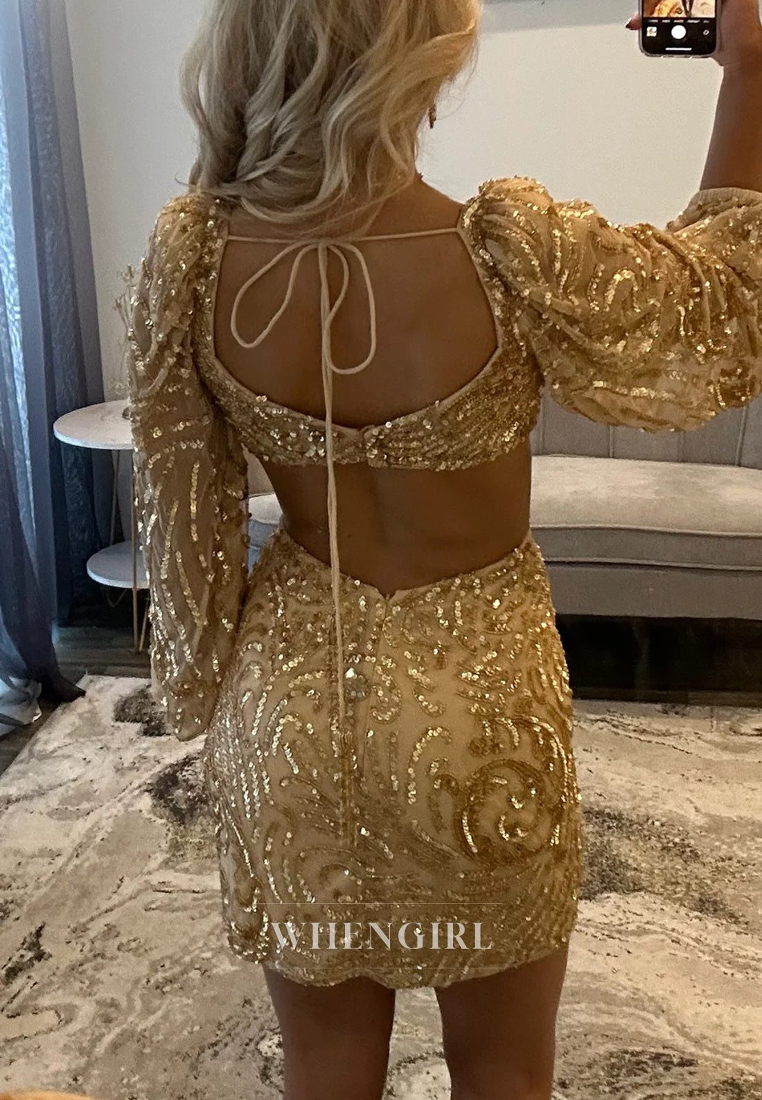 Gold Long Sleeves V Neck Sequins Beading Cut Out Sheath Short Homecoming Dress