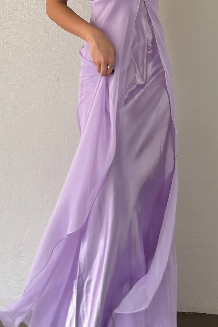 Simple Mermaid Spaghetti Straps Lilac Long Prom Dress with Ruffles
