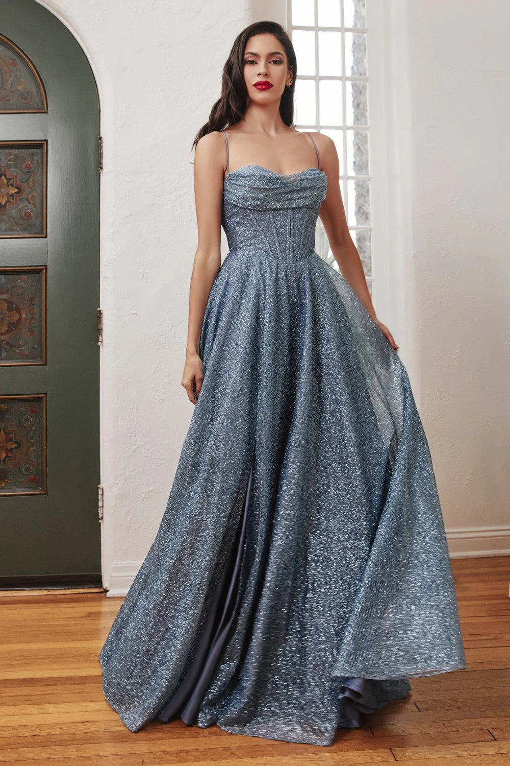A-Line Sweetheart Sleeveless Stripe Pleated Glitter Knit Prom Dress with Train Formal Dress