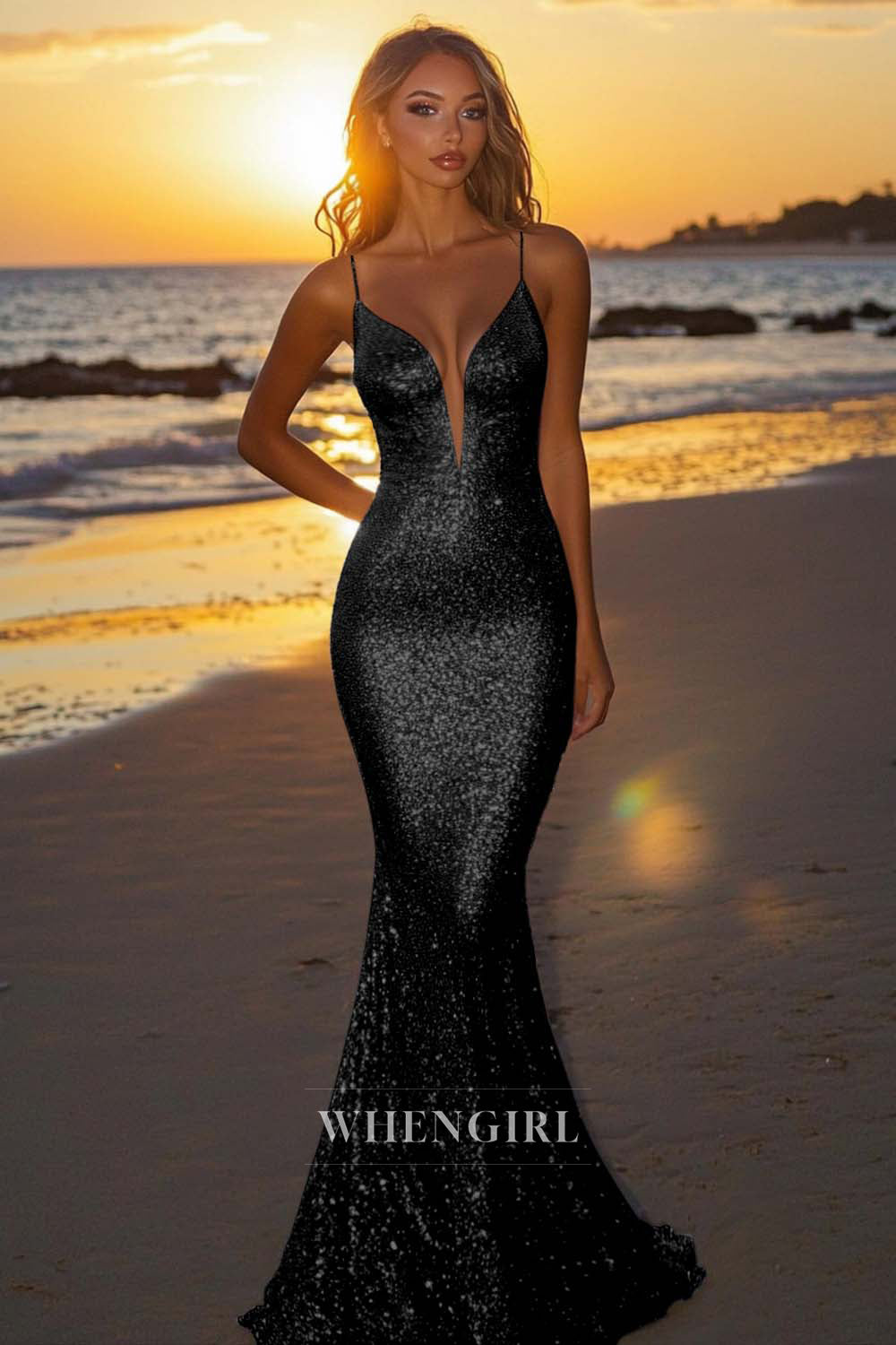 Striking Spaghetti Straps V-Neck Mermaid Sequin Long Party Dress with Train Gala Dresses