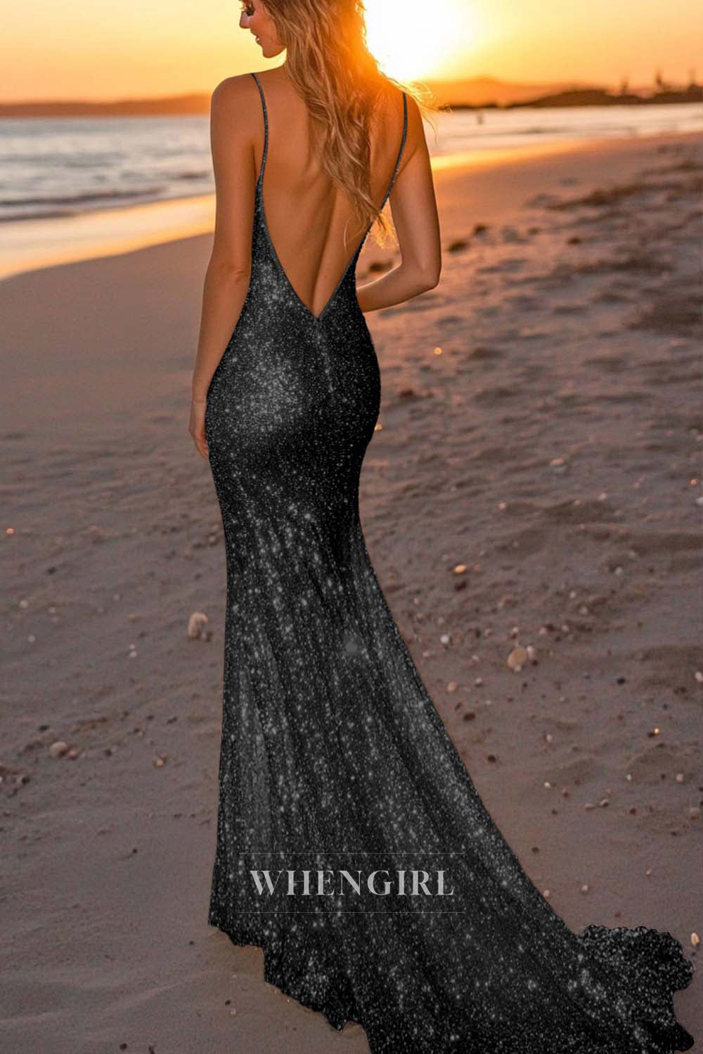 Striking Spaghetti Straps V-Neck Mermaid Sequin Long Party Dress with Train Gala Dresses