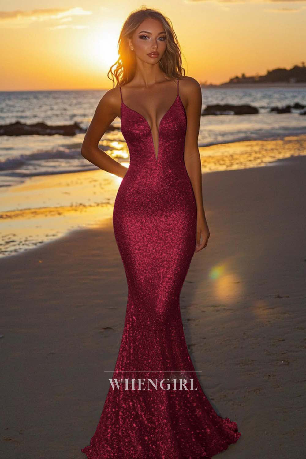 Striking Spaghetti Straps V-Neck Mermaid Sequin Long Party Dress with Train Gala Dresses