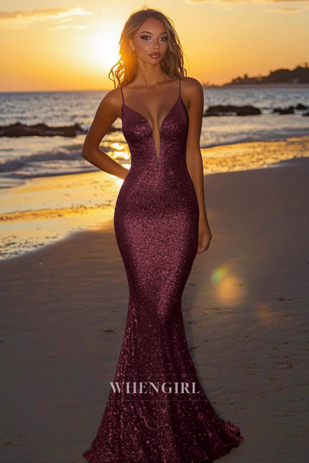 Striking Spaghetti Straps V-Neck Mermaid Sequin Long Party Dress with Train Gala Dresses