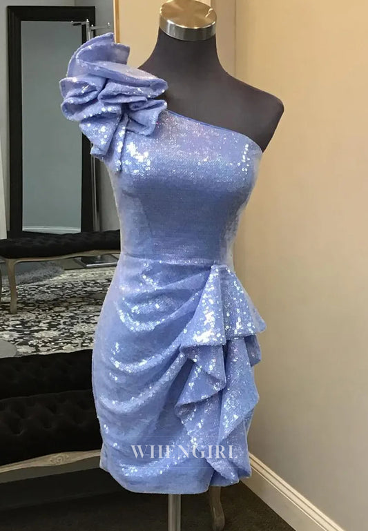 Sparkly Blue One Shoulder Sequins Bodycon Short Homecoming Dress with Ruffles