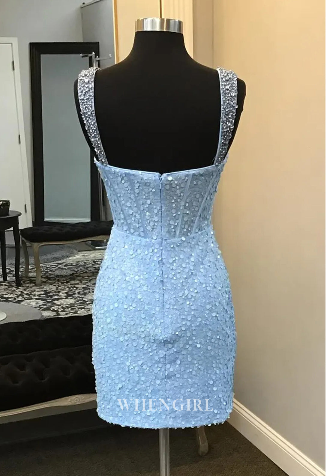 Sparkly Sky Blue Sweetheart Sleeveless Sequins Bodycon Short Corset Homecoming Dress