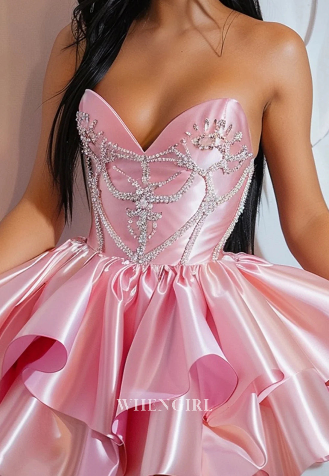 Sparkly Pink Satin Ruffles Sweetheart Beaded A-Line Short Homecoming Dress