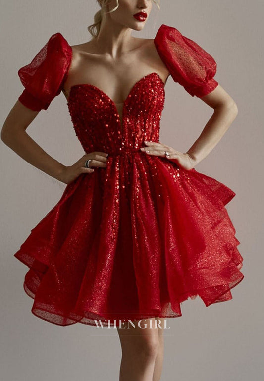 Sparkly Red Sweetheart Short Puff Sleeves Sequined A-Line Princess Homecoming Dresses