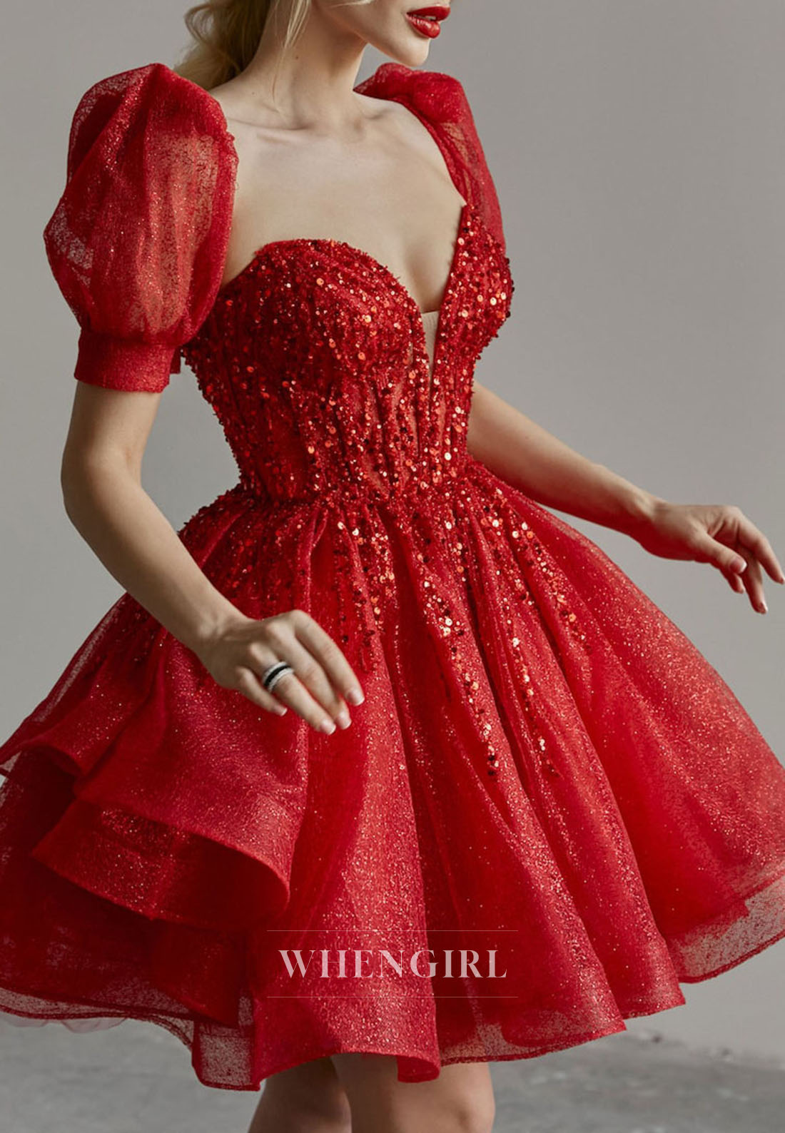Sparkly Red Sweetheart Short Puff Sleeves Sequined A-Line Princess Homecoming Dresses