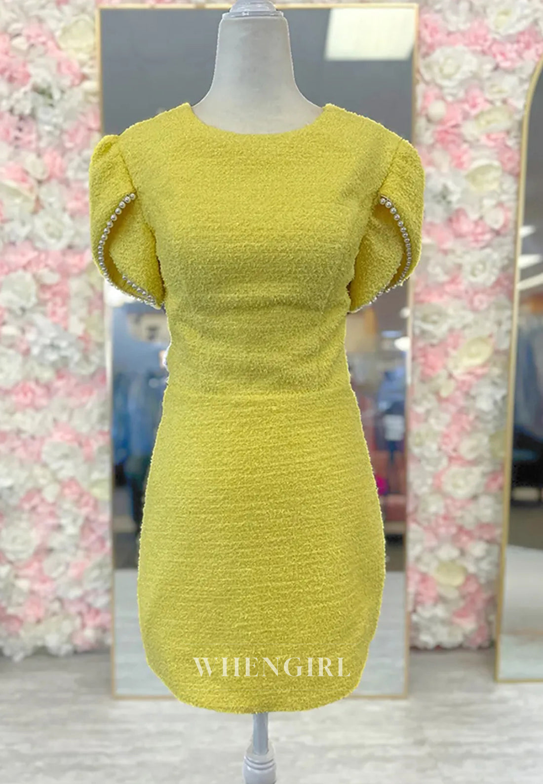Daffodil Bateau Neck Beaded Short Sleeves Bow Cut Out Sheath Short Homecoming Dress