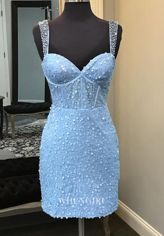 Sparkly Sky Blue Sweetheart Sleeveless Sequins Bodycon Short Corset Homecoming Dress