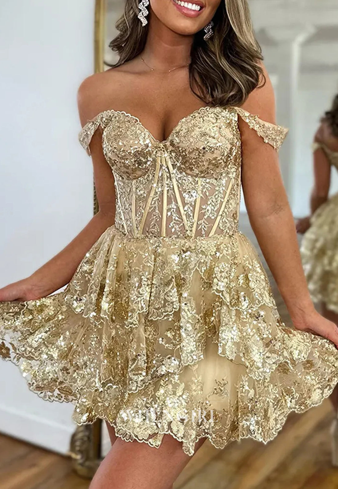A-Line Off Shoulder Multi Tiered Back Zipper Sweetheart Homecoming Dress