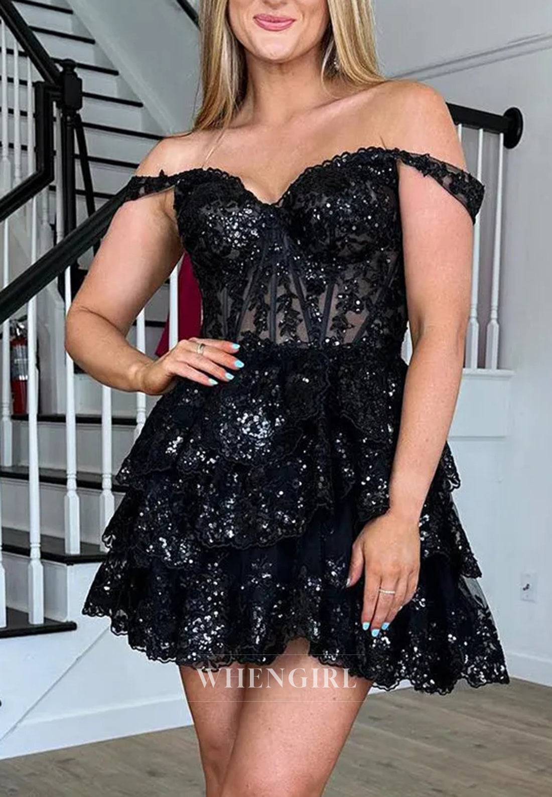 A-Line Off Shoulder Multi Tiered Back Zipper Sweetheart Homecoming Dress