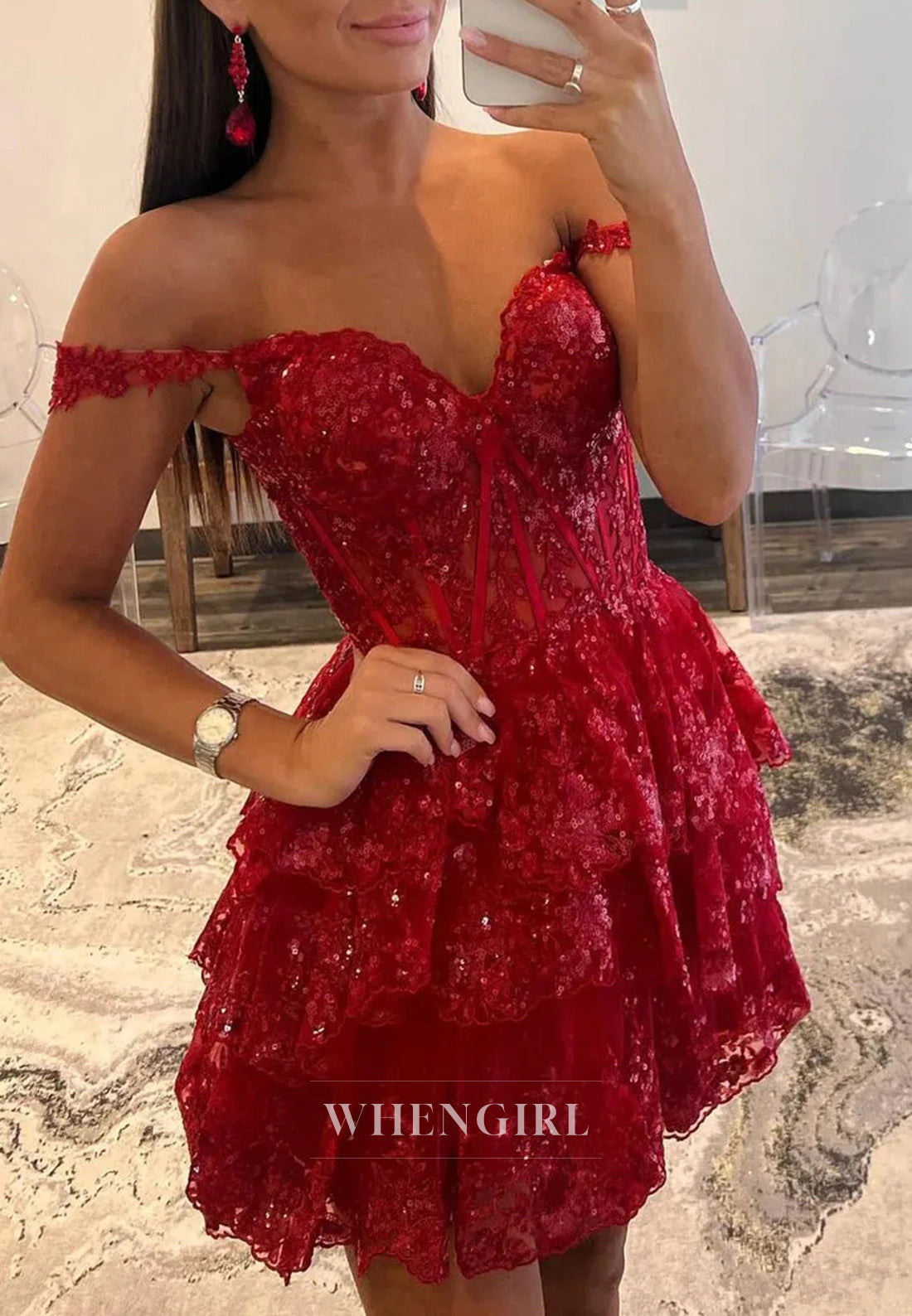 A-Line Off Shoulder Multi Tiered Back Zipper Sweetheart Homecoming Dress