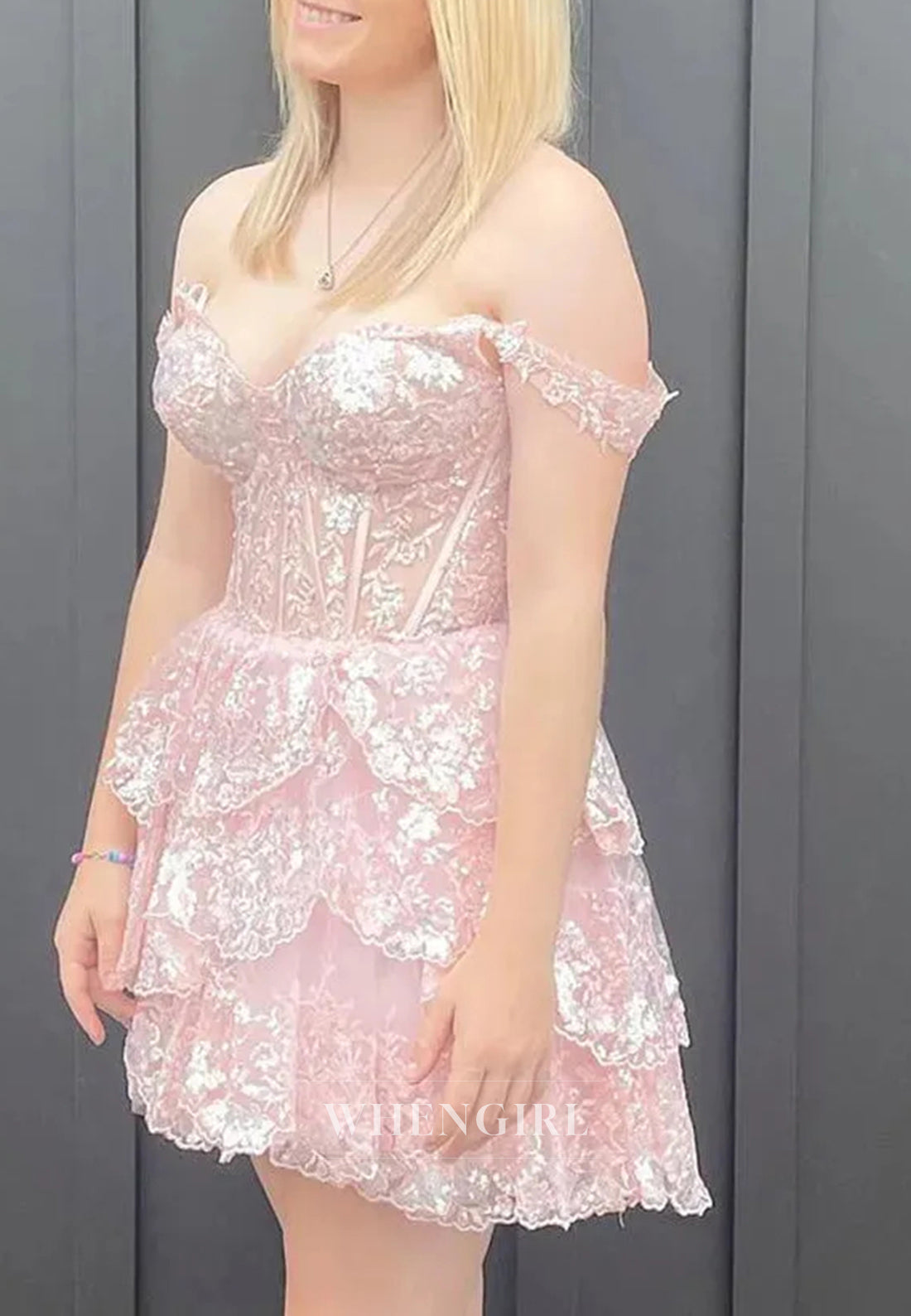 A-Line Off Shoulder Multi Tiered Back Zipper Sweetheart Homecoming Dress