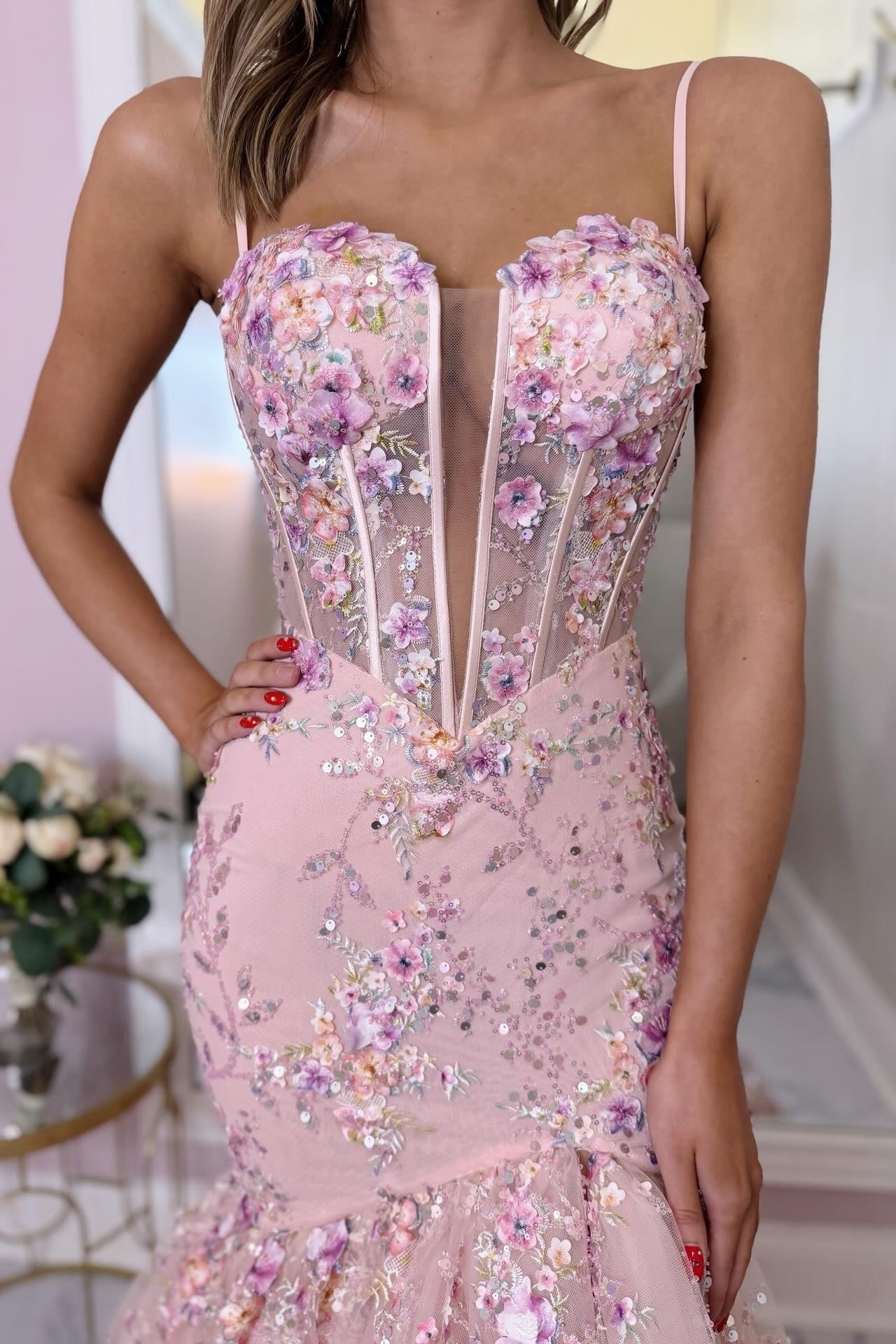 Straps Light Pink 3D Floral Tiered Long Dress with Slit