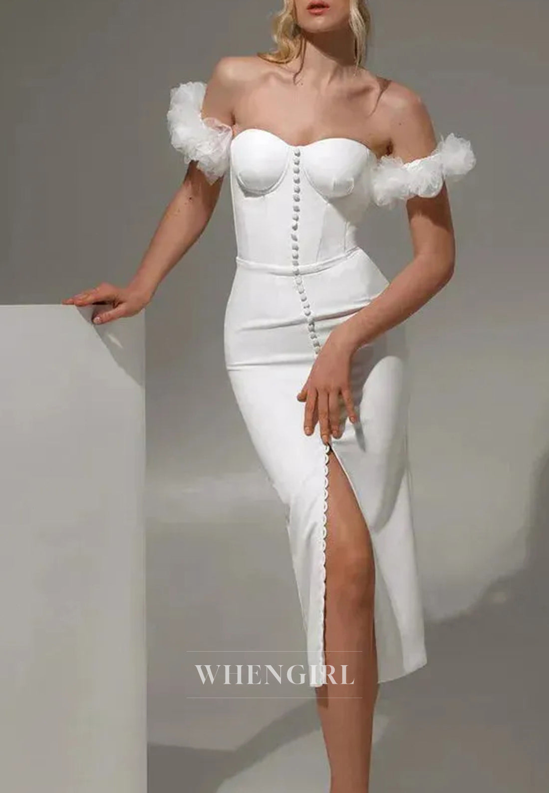 Sheath Sweetheat Tea-Length Satin Wedding Dress with Button