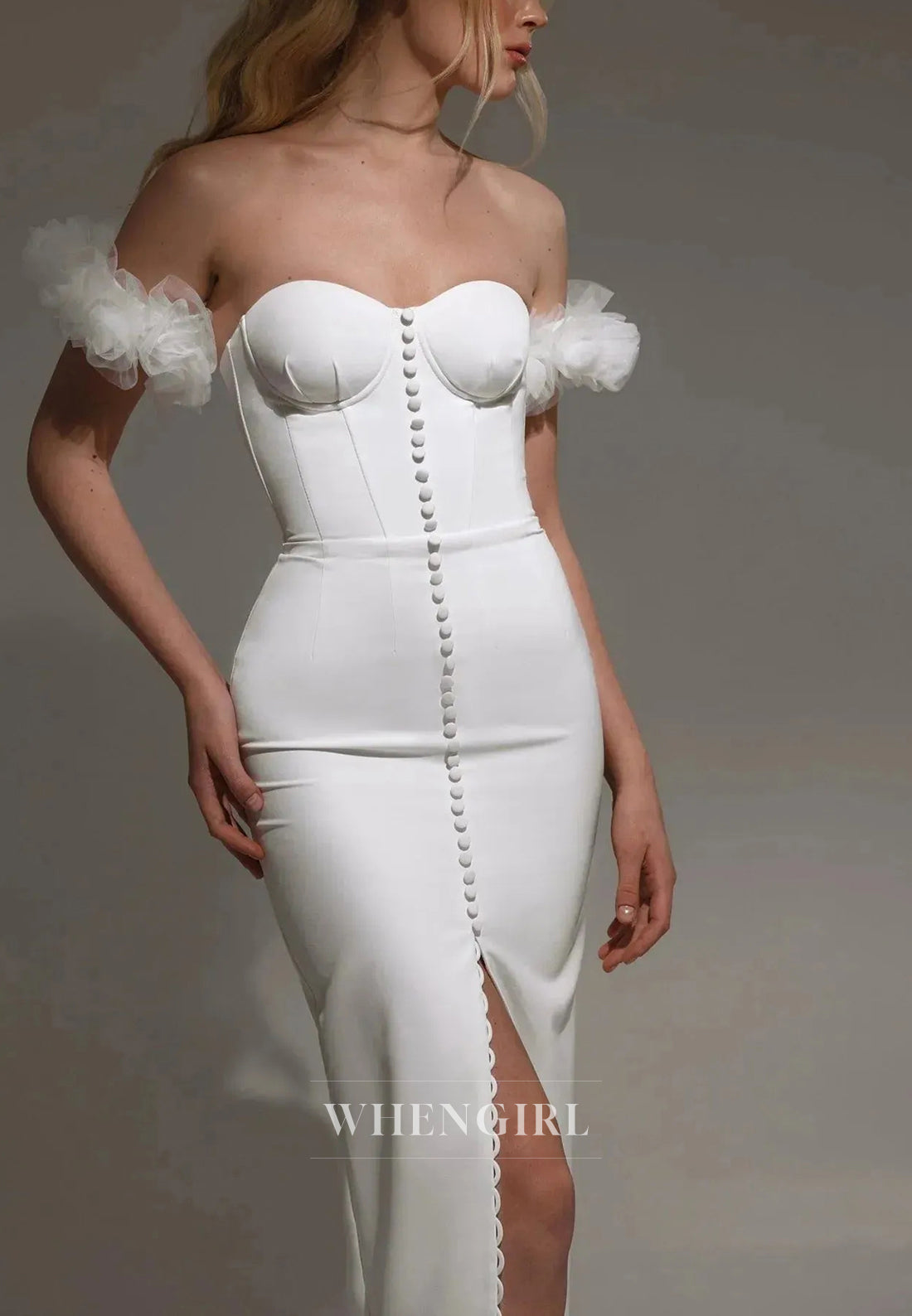 Sheath Sweetheat Tea-Length Satin Wedding Dress with Button