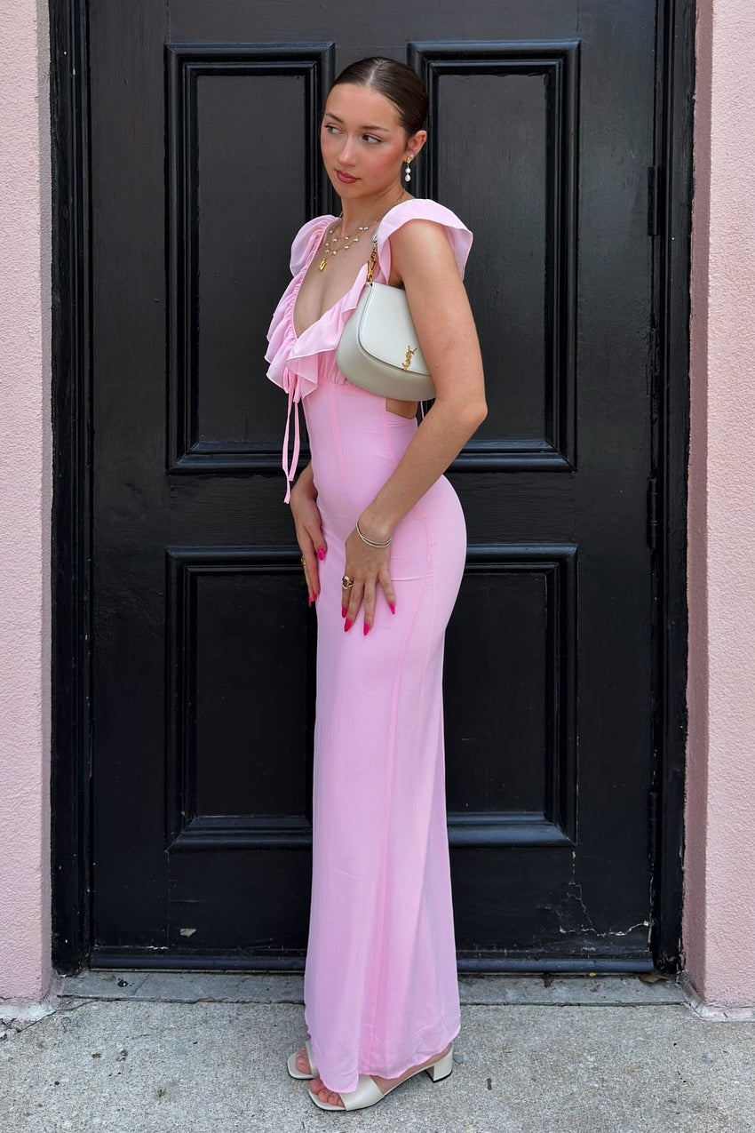 Sweety Sheath V Neck Pink Long Prom Dress with Ruffles