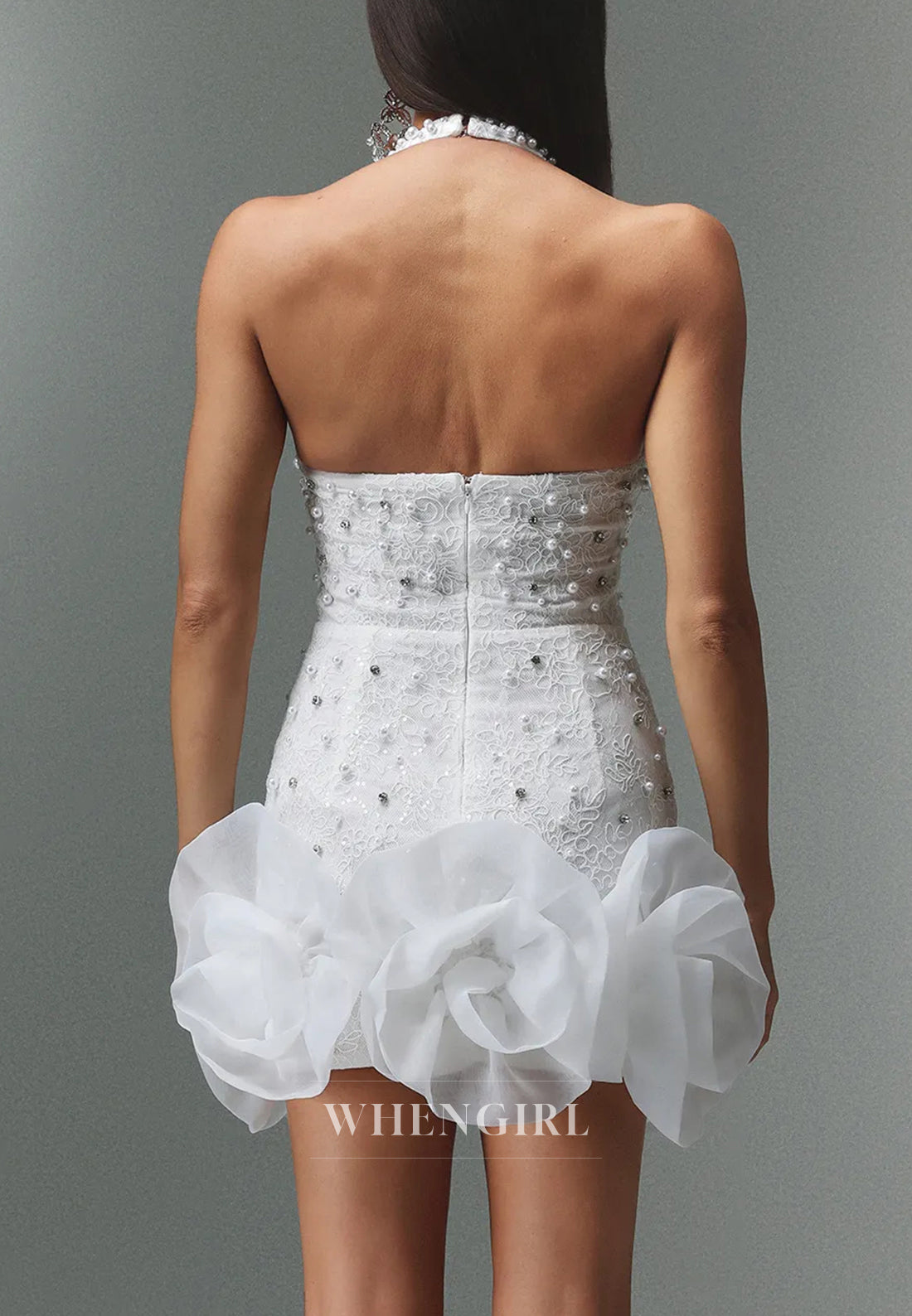 White Halter Sleeveless 3D Flowers Sheath Short Homecoming Dress with Diamond Pearls