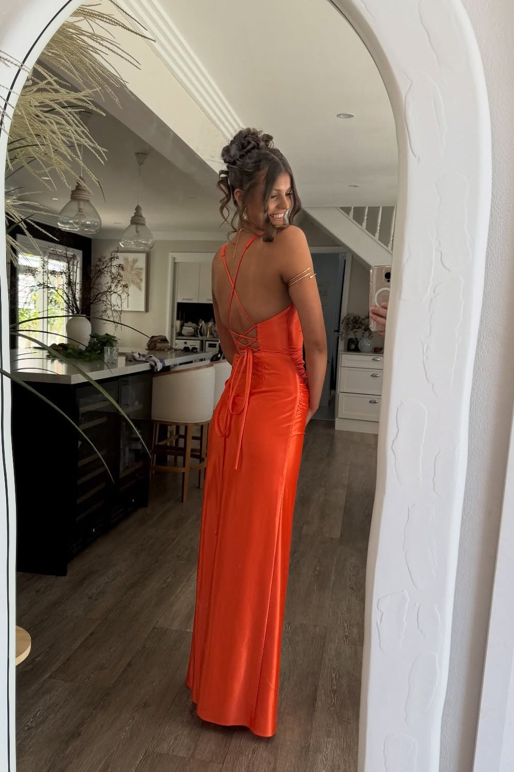 V-neck Orange Ruched Sheath Maxi Dress with Slit