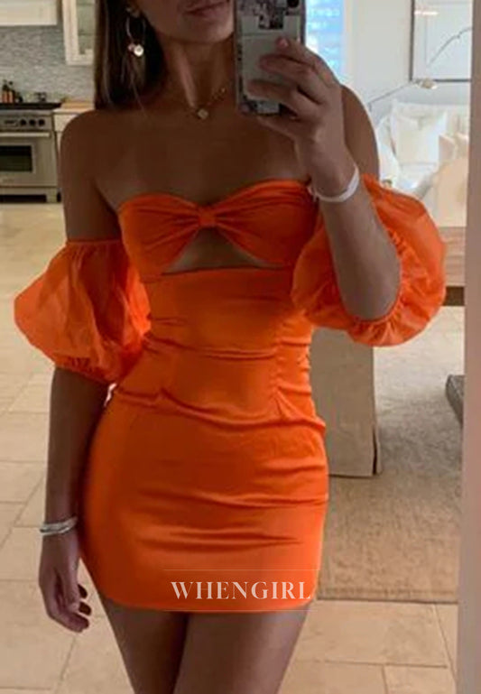 Orange Sweetheart Short Puff Sleeves Cut Out Strapless Sheath Homecoming Dress