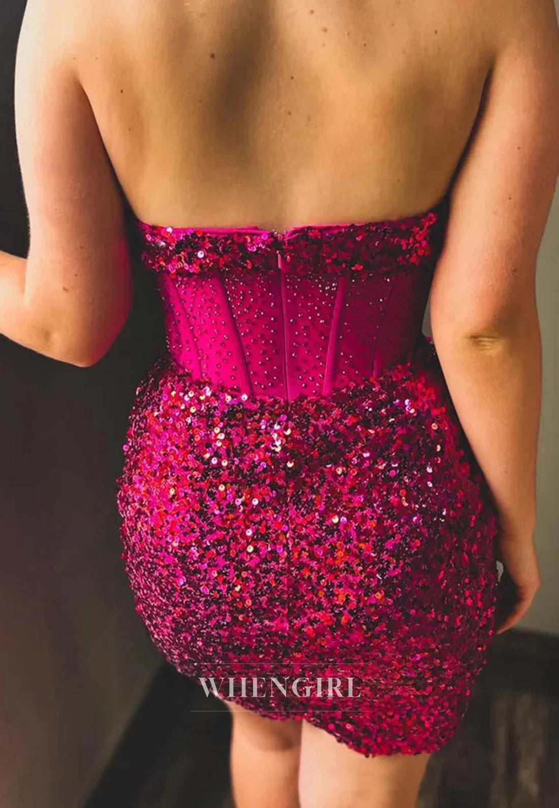 Sheath Fuchsia V Neck Beaded Sleeveless Sequins Strapless Sleeveless Back Zipper Homecoming Dress