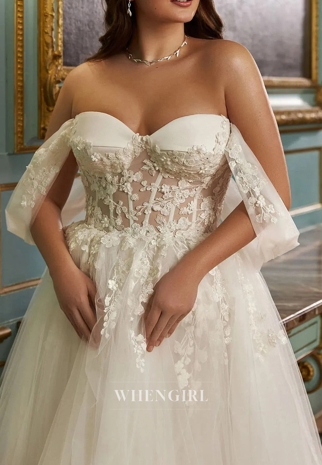 A-Line Sweetheart Appliqued Lace Tea-Length Tulle Wedding Dresses
