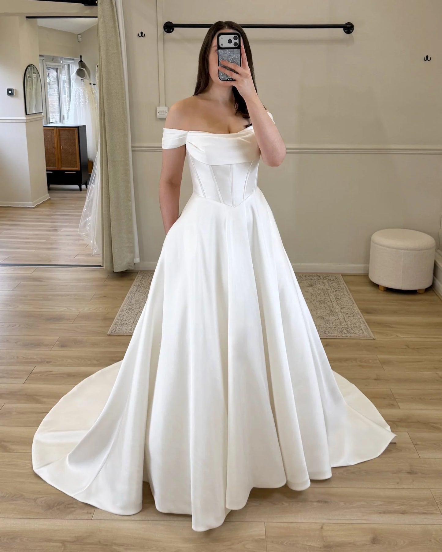 A-Line Satin Court Train Off Shoulder Wedding Dress