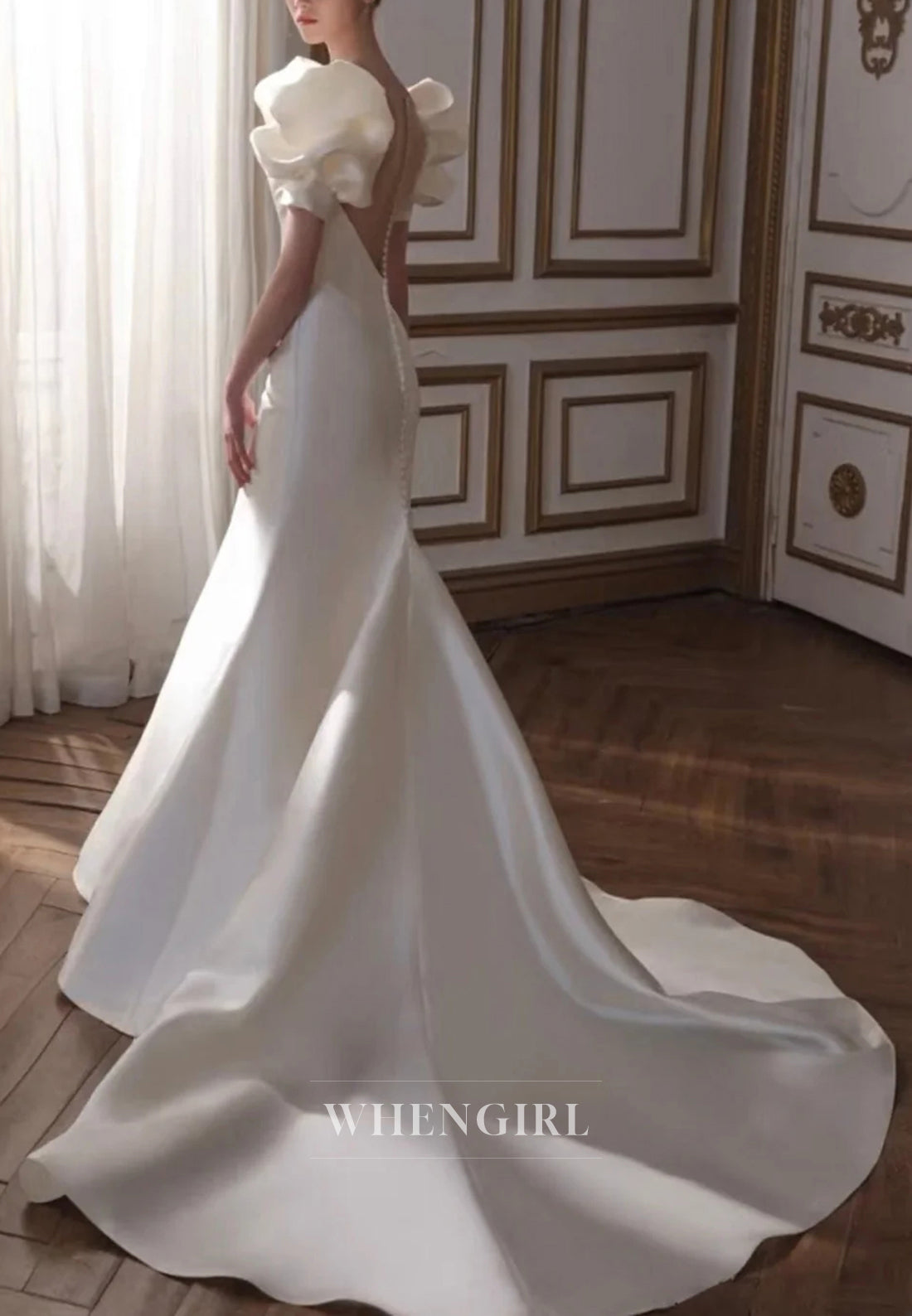 Vintage Classic V Neck Bubble Sleeves Ivory Mermaid Beading Illusion Back Wedding Dress
