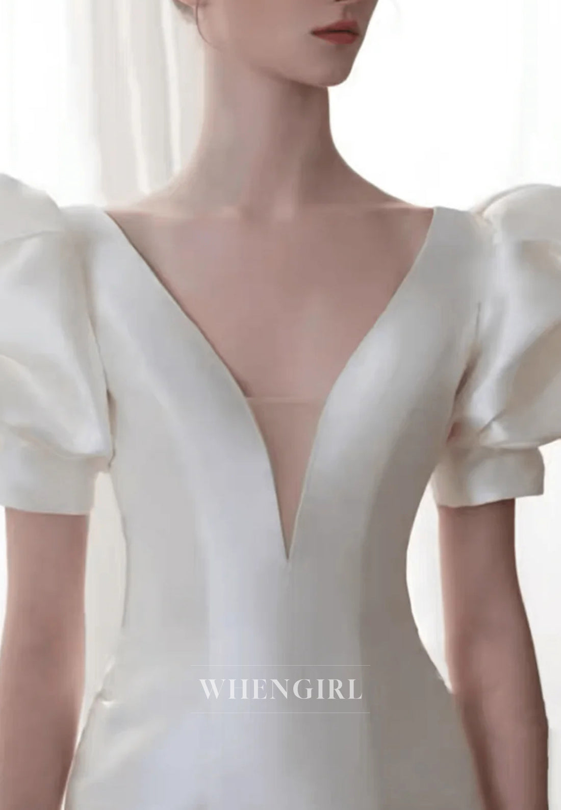 Vintage Classic V Neck Bubble Sleeves Ivory Mermaid Beading Illusion Back Wedding Dress
