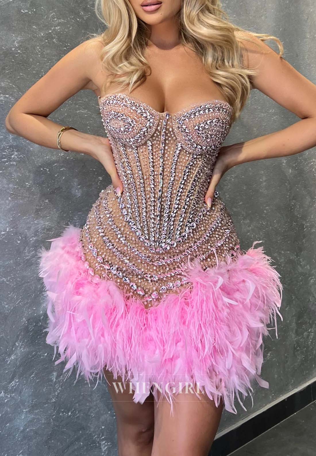 Glitter Sweetheart Crystal Beaded Feather Sleeveless Sheath Short Homecoming Dress