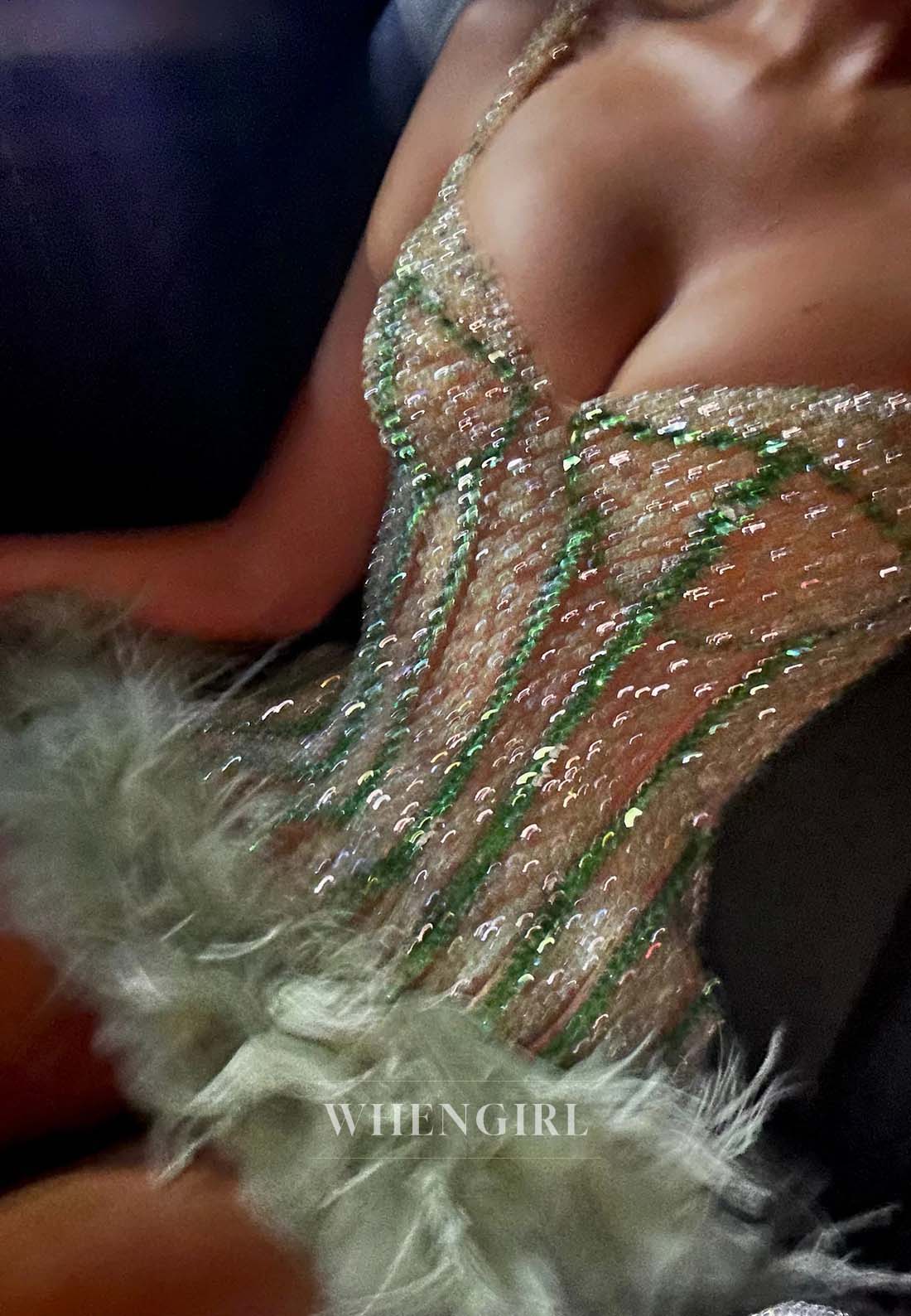 Luxurious Sleeveless V Neck Crystal Beaded Sheath Feather Short Homecoming Dress