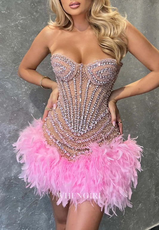 Glitter Sweetheart Crystal Beaded Feather Sleeveless Sheath Short Homecoming Dress