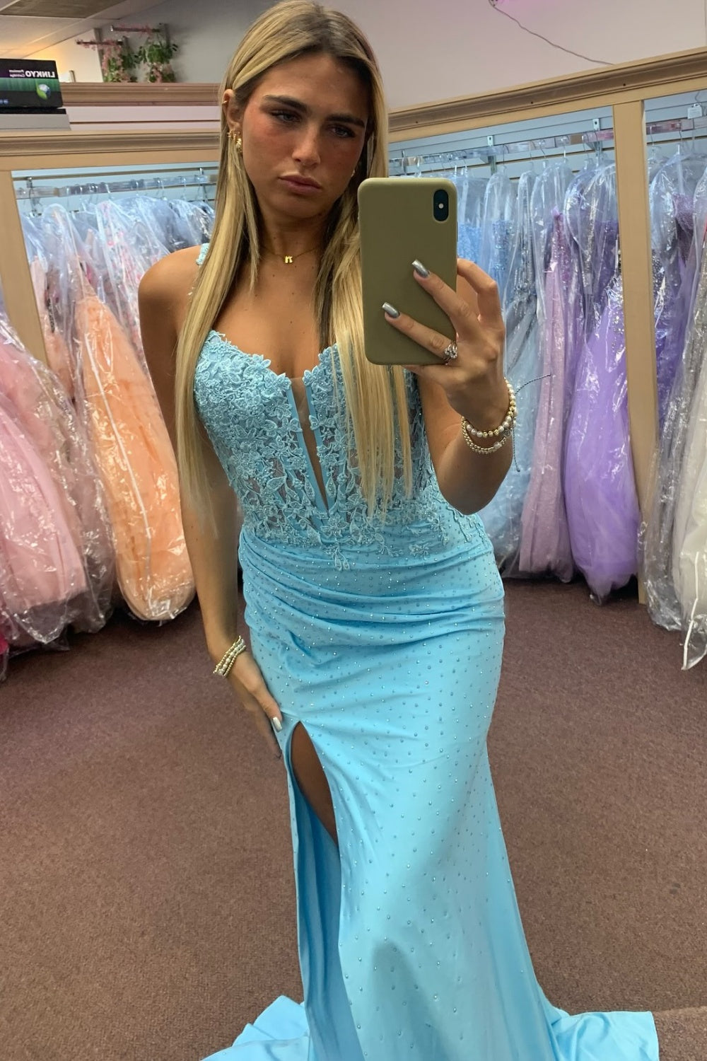 Sheath V Neck Spaghetti Straps Sleeveless Appliques High Side Slit and Train Prom Dress