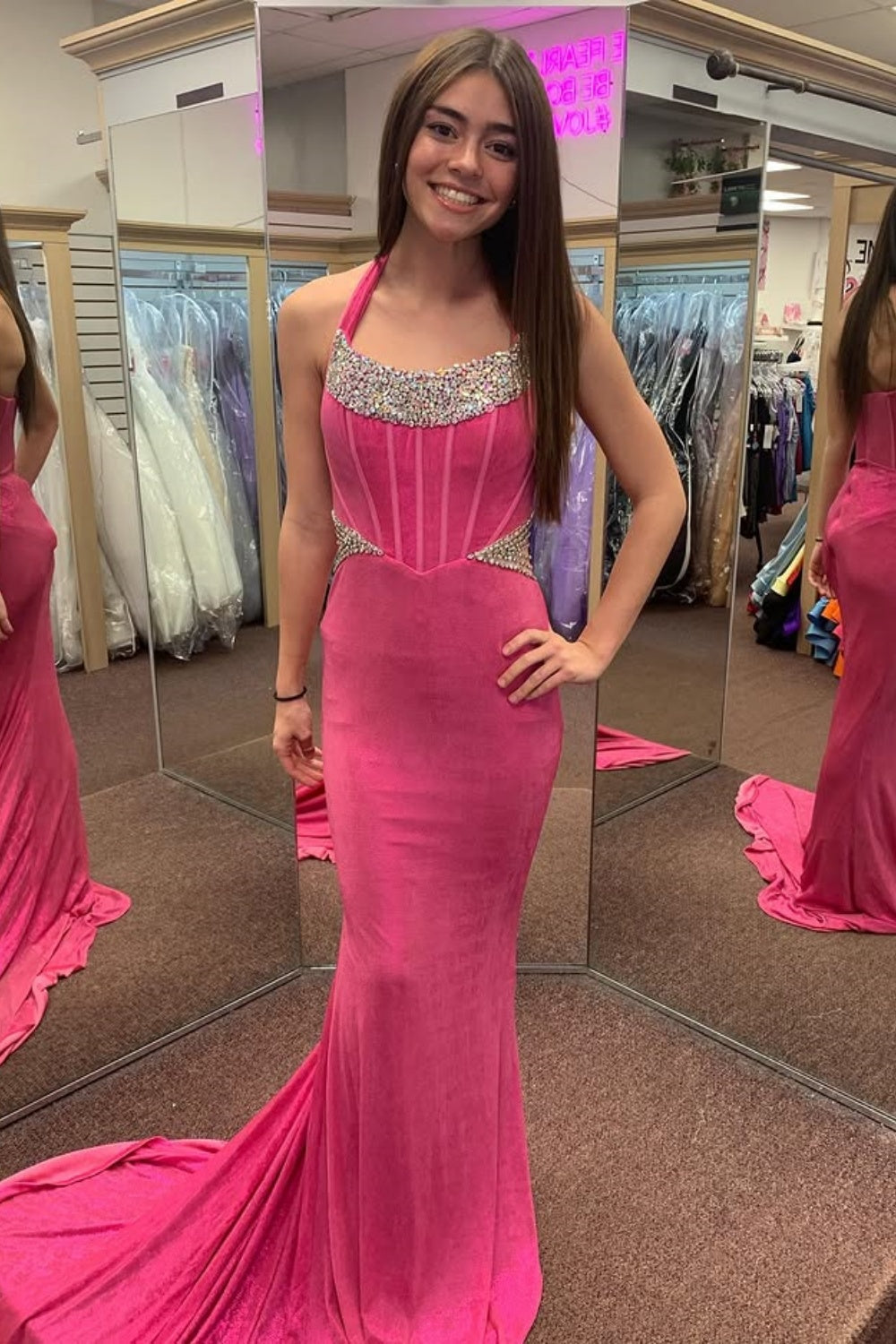 Mermaid Boat Neck Sleeveless Pleated Beaded Glitter Prom Dress