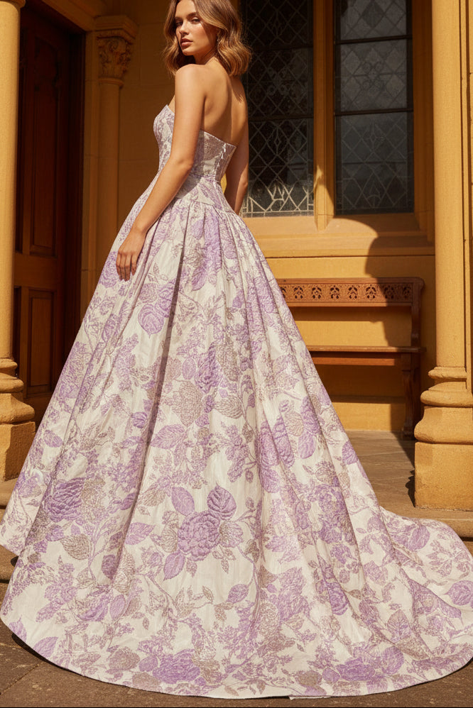 Women's A Line Satin Floral Print Long Prom Dresses Strapless Evening Formal Gowns