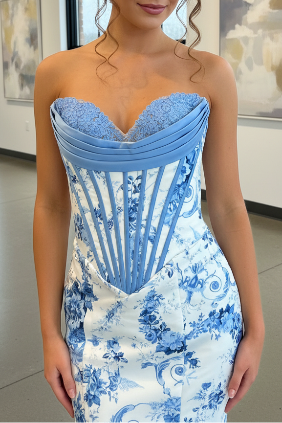 Mermaid Strapless Sleeveless Pleated Appliques Flower Printer Prom Dress