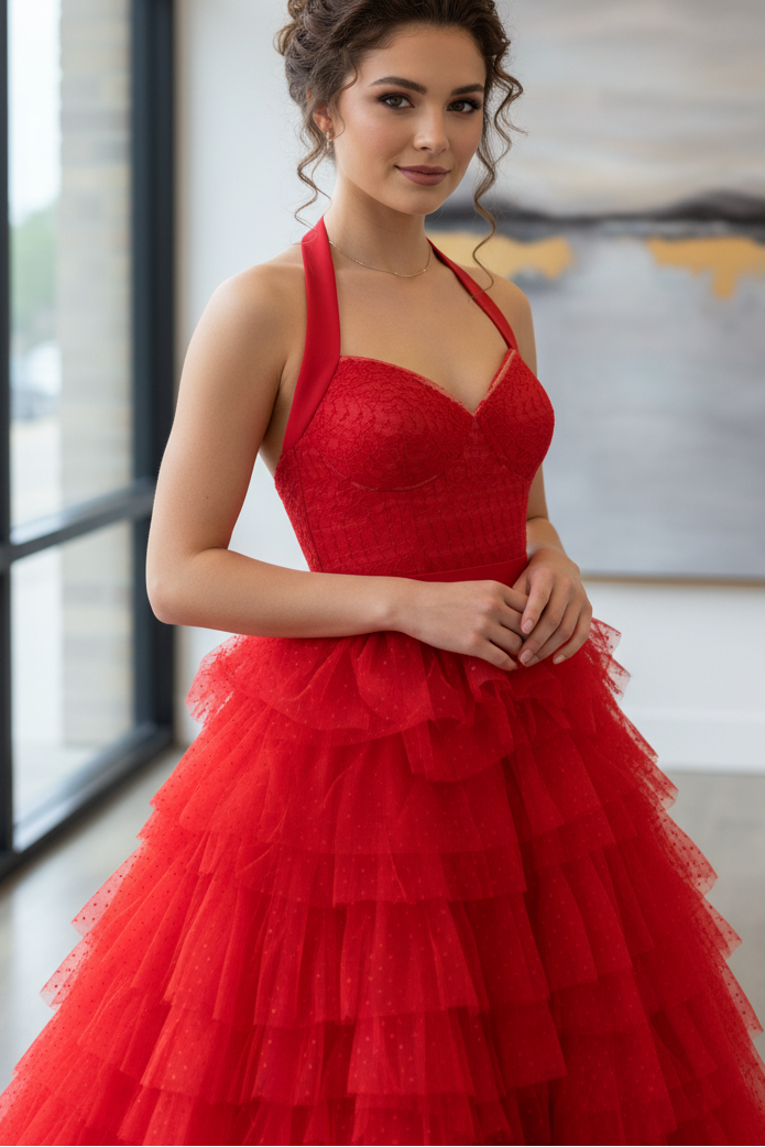 A-Line Halter Strapless Ruffles Tiered High Side Slit and Train Prom Dress