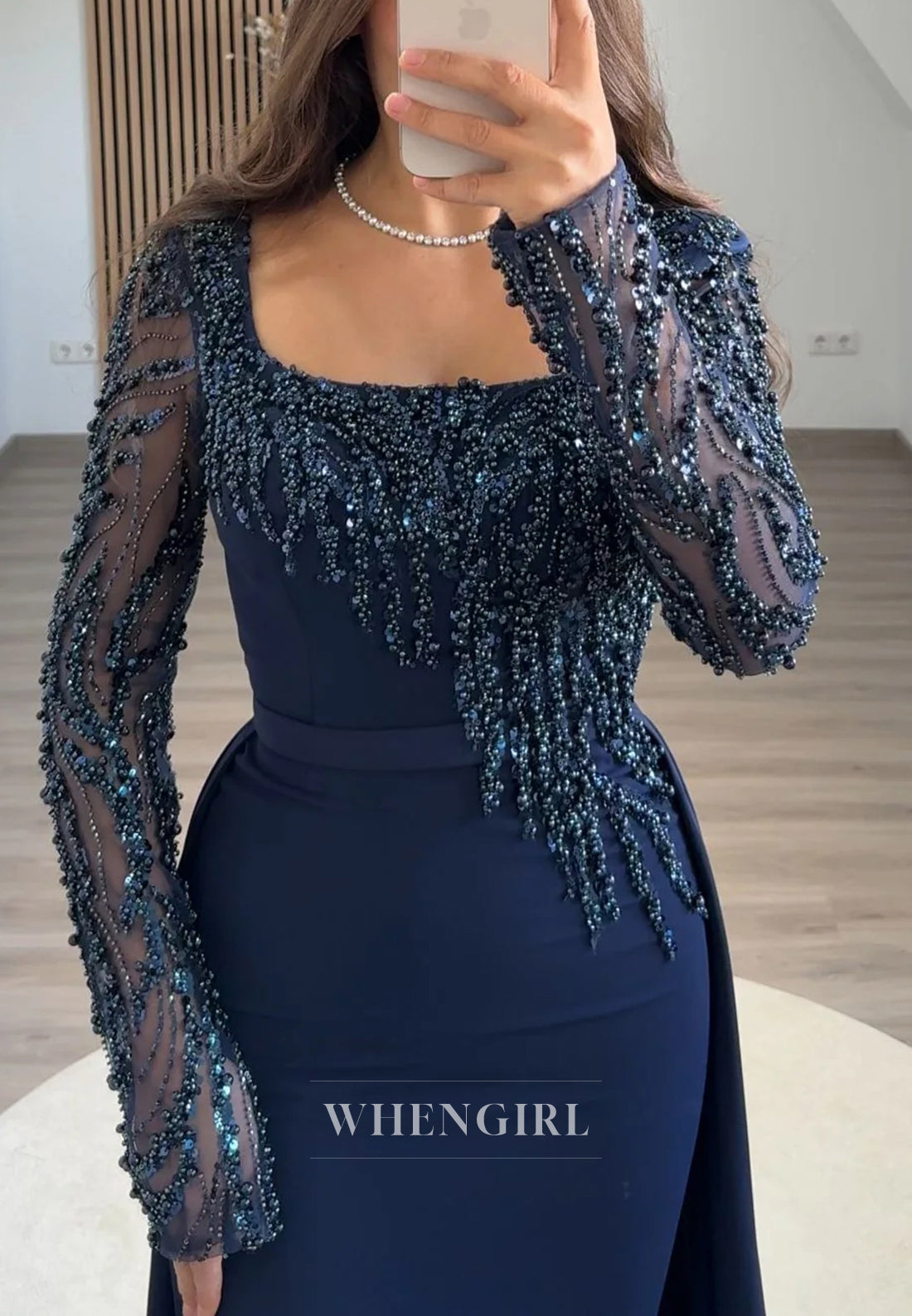 Navy Square Neck Long Sleeves Beaded Sheath Sweep Train Formal Evening Dress