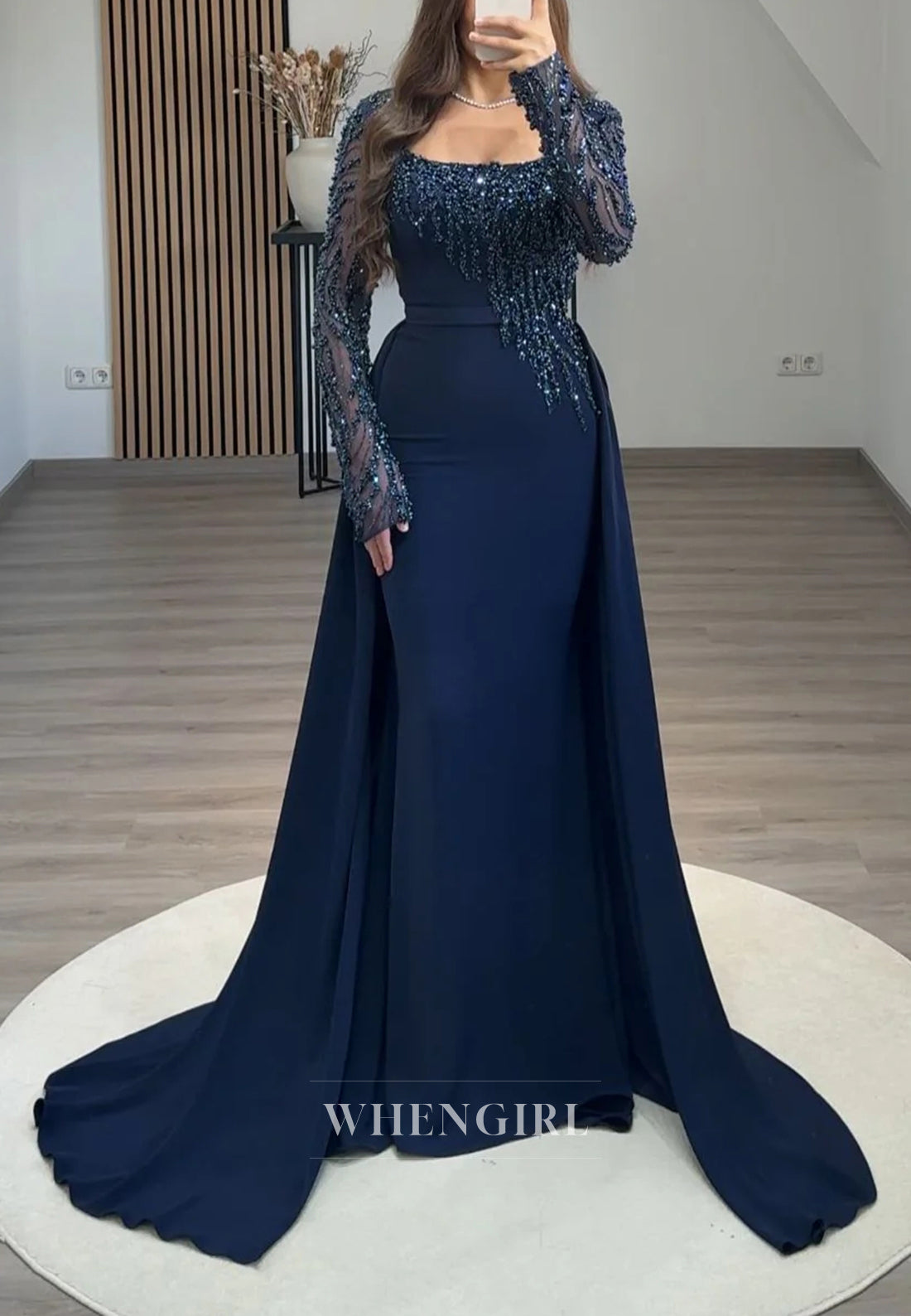Navy Square Neck Long Sleeves Beaded Sheath Sweep Train Formal Evening Dress