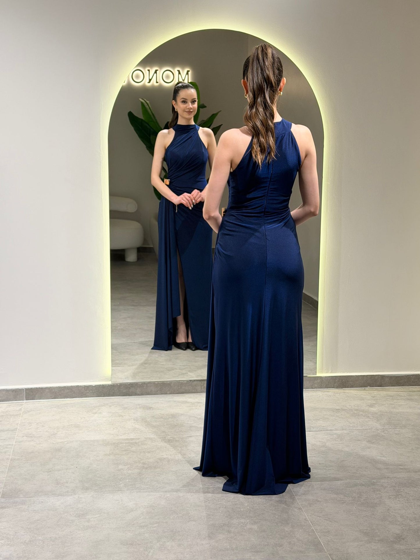 Halter Sleeveless Slit Ruched Sheath Formal Dress