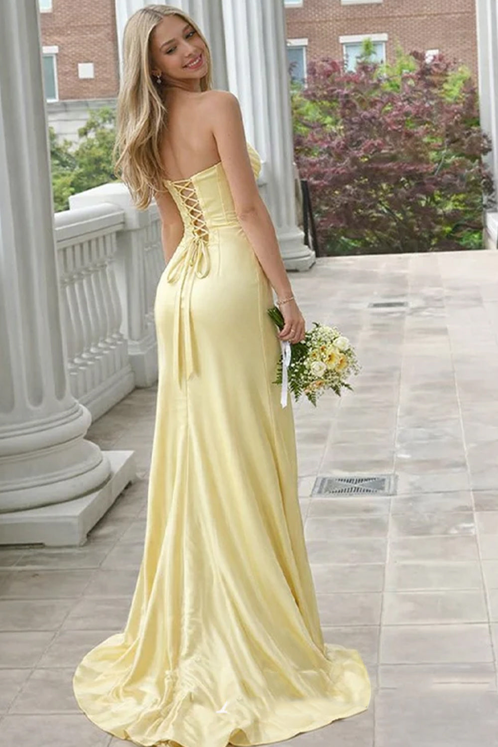 Yellow Elastic Satin Strapless Corset Ruffles Slit Prom Dress