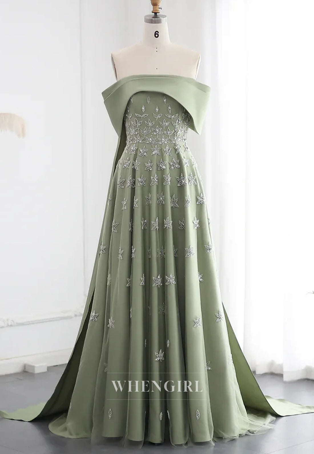 Off Shoulder Beaded Pleated Back Zipper A-Line Formal Evening Gown with Train